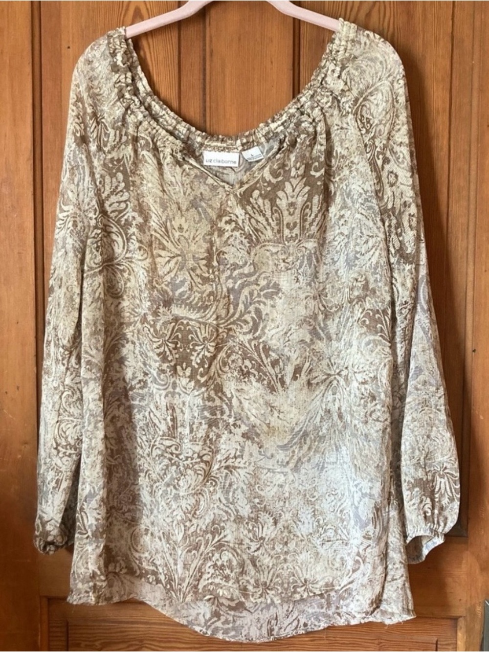 Liz Claiborne Cream and Brown Printed Tunic Top